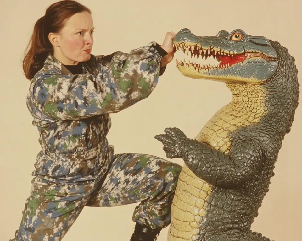 Eine Frau in Camouflage-Kleidung posiert neben einer großen Krokodil-Statue und greift dessen Kiefer an. Das Bild hat einen humorvollen, surrealistischen Charakter vor hellem Hintergrund.