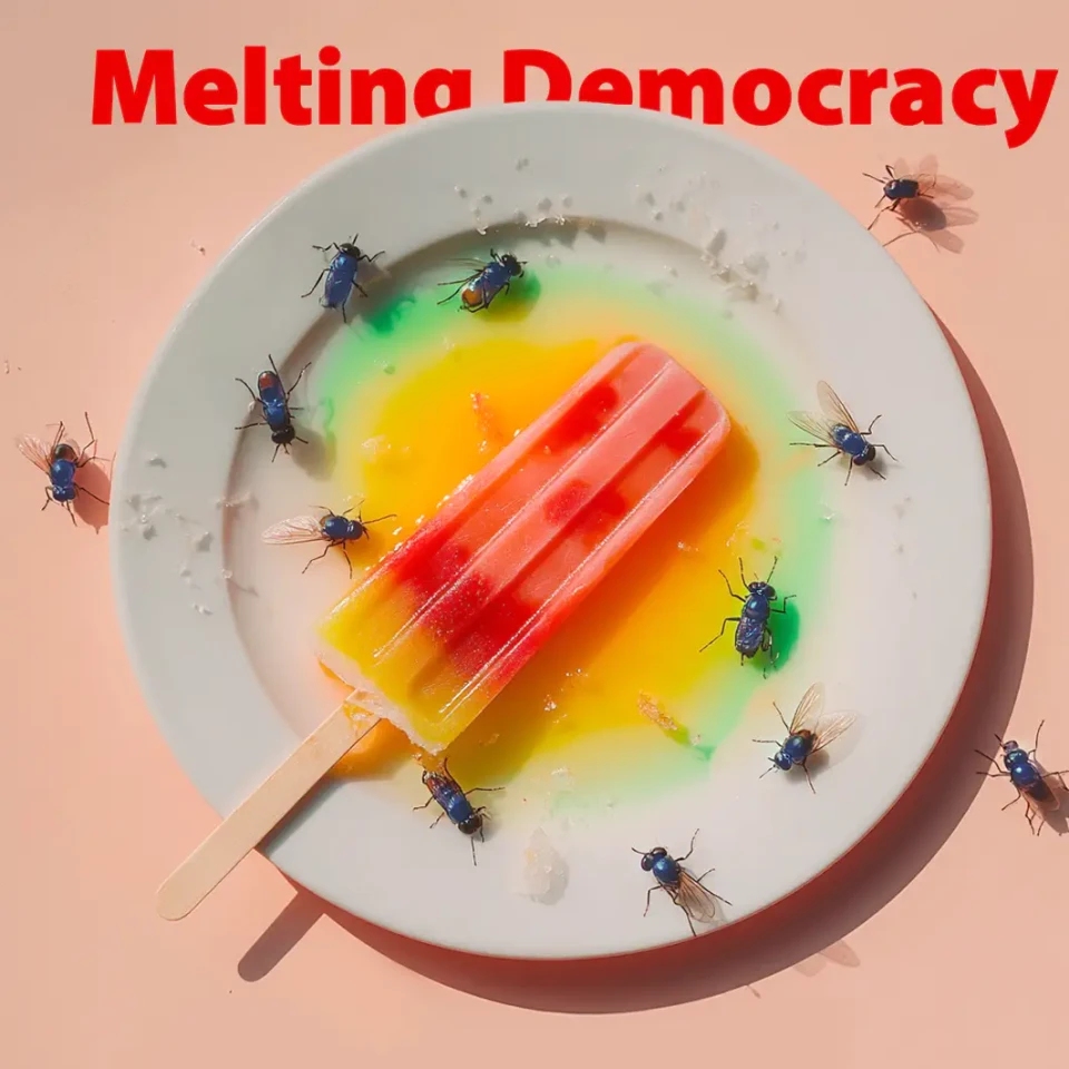 Ein Eis am Stiel mit rot-gelb-grünem Farbverlauf schmilzt auf einem weißen Teller, umgeben von Fliegen. Der rote Text "Melting Democracy" erscheint oben über dem Bild als Metapher für den Niedergang demokratischer Werte.
