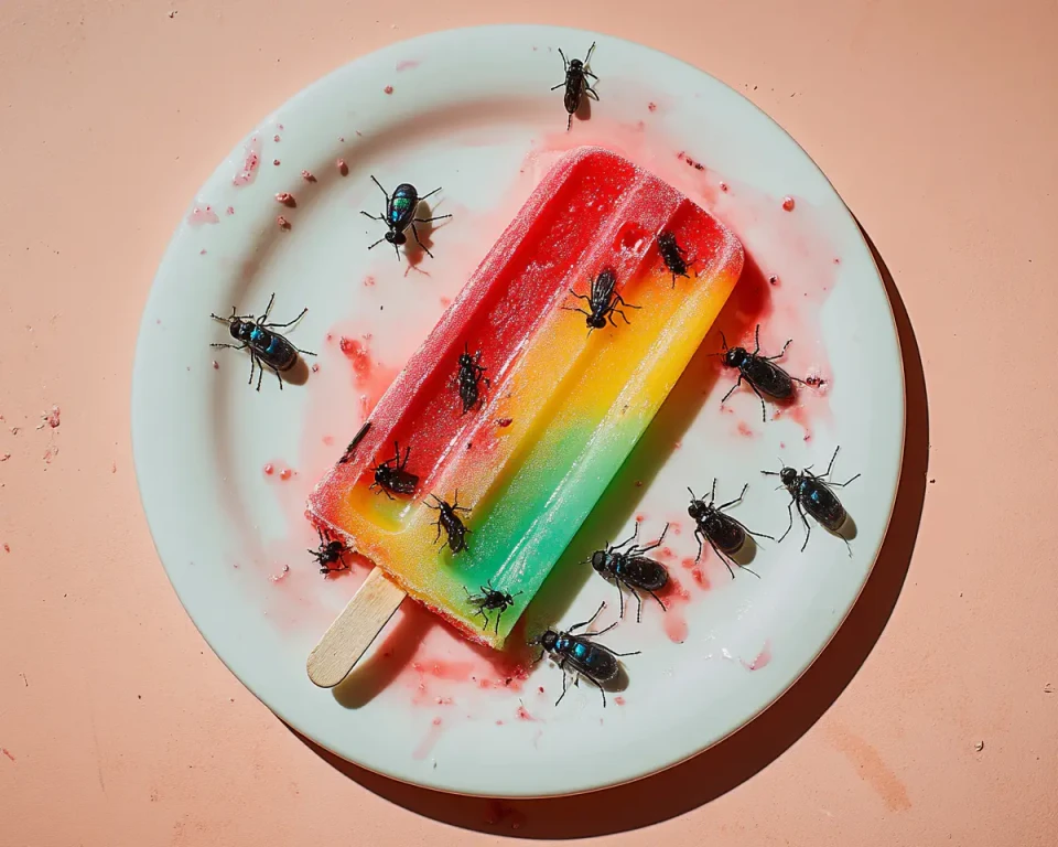 Ein Eis am Stiel mit Regenbogenfarben liegt auf einem weißen Teller, umgeben von mehreren schwarzen Fliegen und roten Flüssigkeitsspuren. Die Szenerie symbolisiert Ungeziefer und Kontamination.