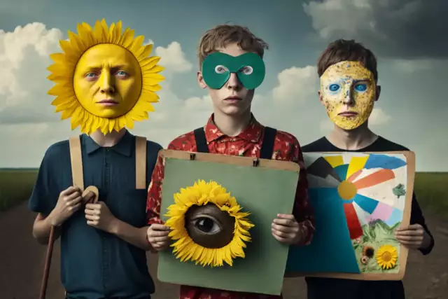 3 junge Männder stehen nahe beieinander, sind maskiert und tragen Kunstwerke vor sich, Collage, poetisch