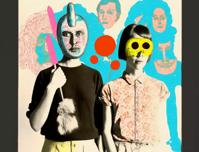2 Personen als Collage mit bunten pop-fabigen Hintergrund