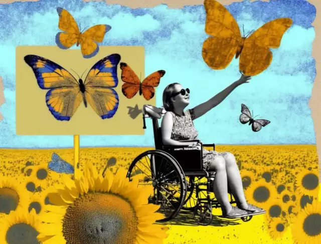 Frau im Rollstuhl mit Schmetterlingen, Collage, surreal