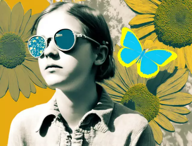 junge Frau mit SOnnenbrille, Collage mit Schmetterling