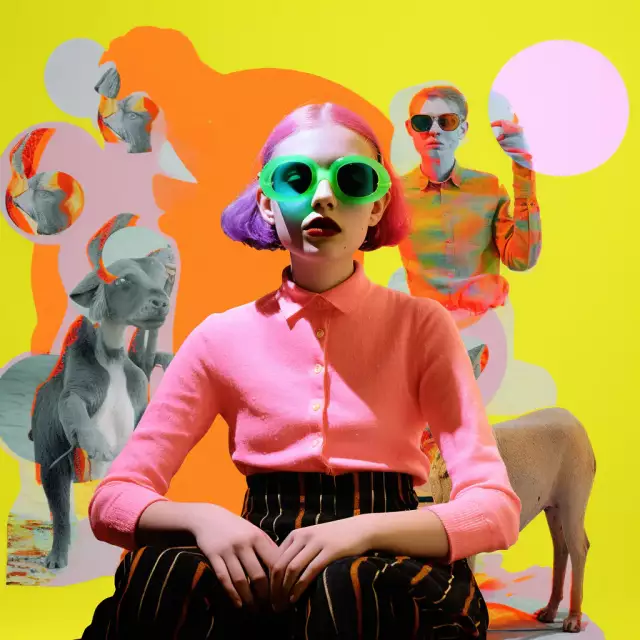 Eine Frau mit Behinderung und Sonnenbrille posiert mit ihrem Hund vor einer lebendigen Hintergrund Collage. Bild als Inklusion mit KI erstellt.