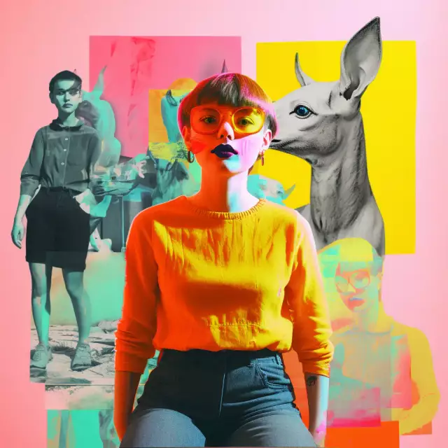 Ein lebendiges Collage-Kunstwerk mit einer Frau in einem gelben Pullover und einer Brille im Vordergrund, mit einem Hirschkopf, einer monochromen Frau und abstrakten Formen im Hintergrund.