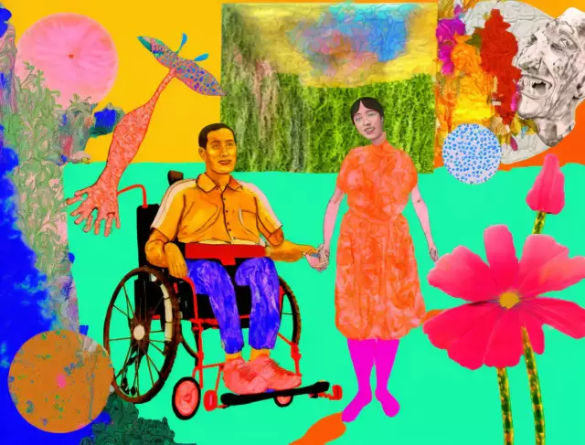 freie wie Illustration mit 2 Menschen, einer davon mit Behinderung, pop Farben, Landschaft Collage