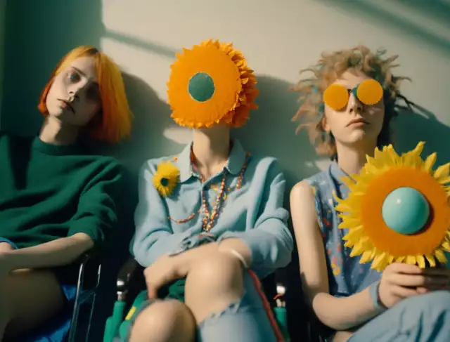3 junge Frauen sitzen nahe beieinander, teilweise maskiert und tragen Blumen vor sich, Collage, poetisch