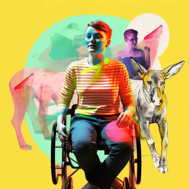Eine farbenfrohe und dynamische Collage mit einer selbstbewussten Person im Rollstuhl, einem lebendigen Hintergrund mit abstrakten Formen und einer skizzenhaften Illustration eines Hirsches, der Stärke und Anmut symbolisiert.