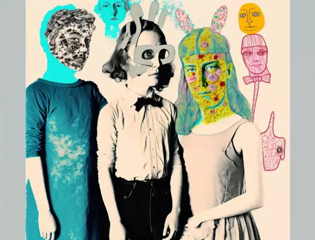 Drei Personen posieren mit illustrierten, surrealen Gesichtern, die über ihren Köpfen angebracht sind.