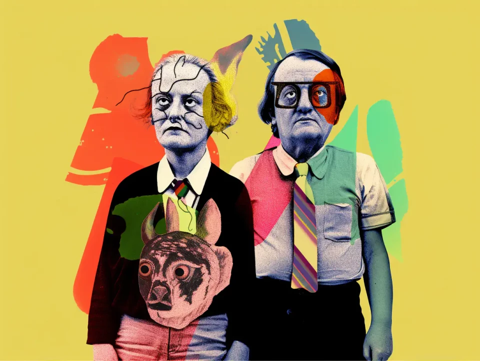 Zwei Männer in bunter Pop-Art-Collage vor gelbem Hintergrund mit überlagerten geometrischen Formen in Rot und Grün. Der linke Mann trägt einen schwarzen Anzug mit gelbem Hemd und hält ein stilisiertes Hundeportrait, der rechte trägt ein farbiges Hemd und eine rote Schutzbrille. Die Komposition verbindet klassische Porträts mit moderner Grafikkunst im Retro-Stil.