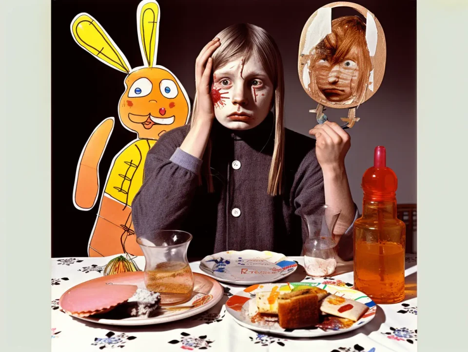 Eine surreale Collage zeigt eine Person mit gesenktem Blick an einem Tisch mit Tellern und einer Flasche, die ein gezeichnetes orangefarbenes Kaninchen und einen Spiegel mit verzerrtem Gesicht hält. Die düstere Szene kombiniert Zeichnungen und Fotografie zu einer verstörendem künstlerischen Komposition.