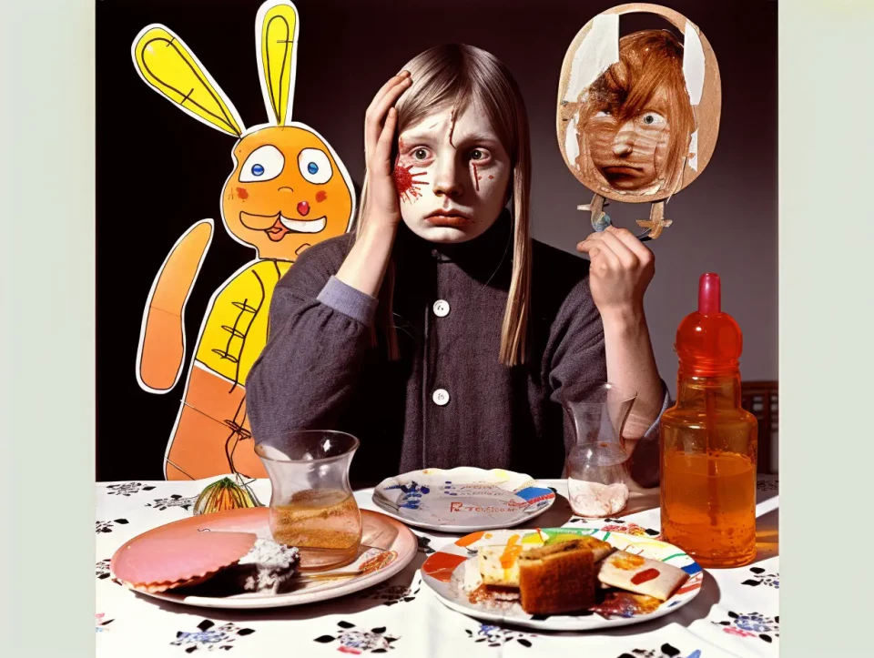 Eine surreale Collage zeigt eine Person mit gesenktem Blick an einem Tisch mit Tellern und einer Flasche, die ein gezeichnetes orangefarbenes Kaninchen und einen Spiegel mit verzerrtem Gesicht hält. Die düstere Szene kombiniert Zeichnungen und Fotografie zu einer verstörendem künstlerischen Komposition.