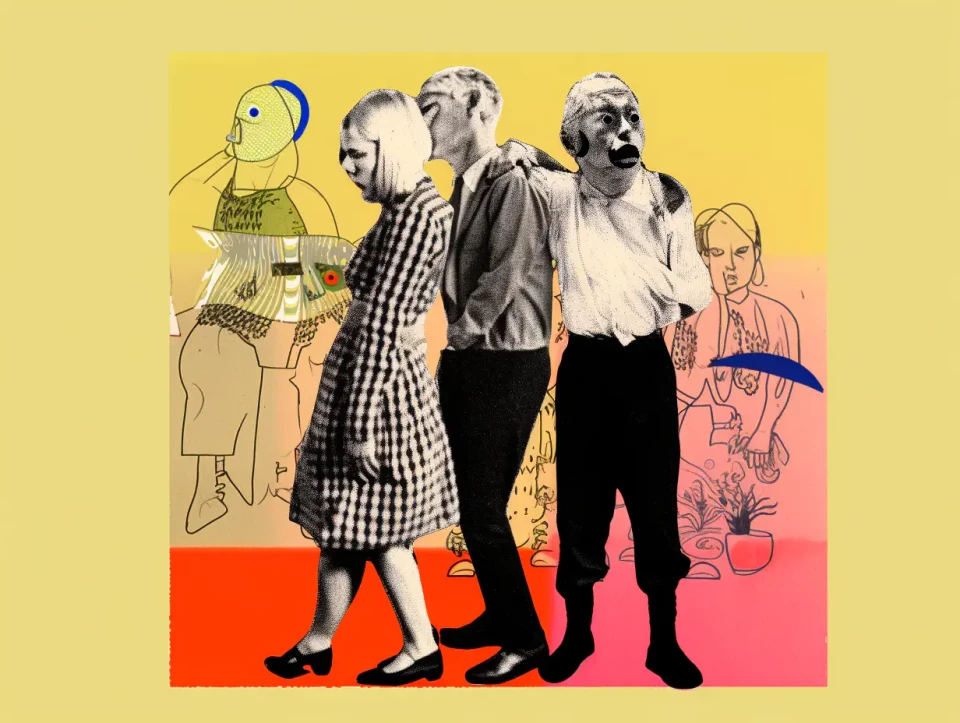 Collage aus fünf Figuren vor gelbem, rotem und rosa Hintergrund: links eine gezeichnete Frau in Kleid, dann drei fotografierte Personen in verschiedenen Posen und rechts eine gezeichnete rosafarbene Figur.