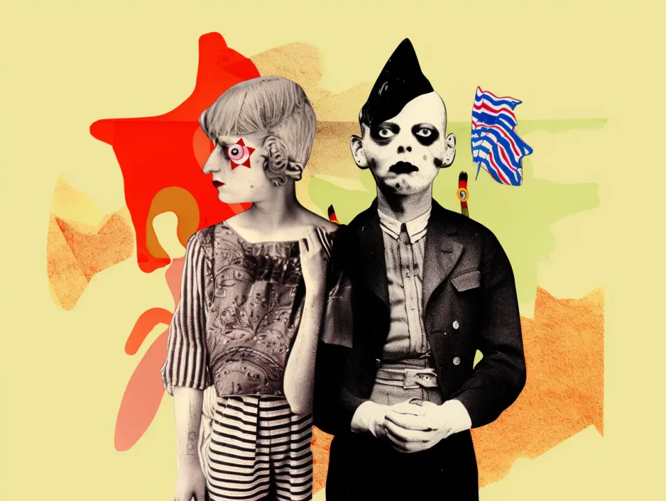 Ein Collage-Kunstwerk zeigt zwei stilisierte Porträts vor gelbem Hintergrund: eine Figur mit grauem Haar und rosa Brille auf der linken Seite und eine schwarz-weiße Figur auf der rechten Seite. Abstrakte geometrische Formen in Rot, Orange und Blau sowie eine wehende Flagge ergänzen die surreale Komposition.