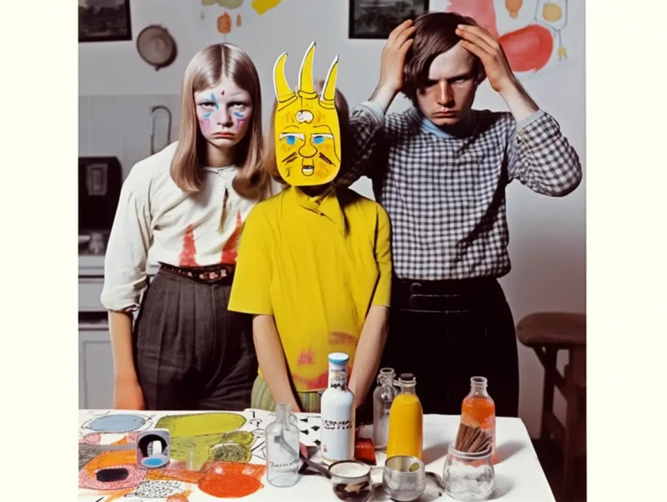 Drei Personen stehen hinter einem Tisch mit verschiedenen Objekten und Flaschen. Die mittlere Person trägt eine gelbe Maske mit Krone. Links und rechts stehen zwei weitere Personen, die in die Kamera schauen.