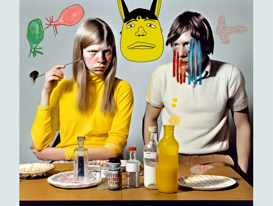 Zwei junge Frauen sitzen an einem Tisch mit Tellern und Flaschen, die eine trägt ein gelbes Hemd, die andere ein beiges Hemd. Über ihnen schwebt eine gelbe Kopfillustration mit Hörnern, umgeben von farbigen geometrischen Formen und Objekten.