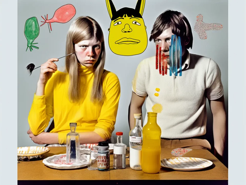 Zwei junge Frauen sitzen an einem Tisch mit Tellern und Flaschen, die eine trägt ein gelbes Hemd, die andere ein beiges Hemd. Über ihnen schwebt eine gelbe Kopfillustration mit Hörnern, umgeben von farbigen geometrischen Formen und Objekten.