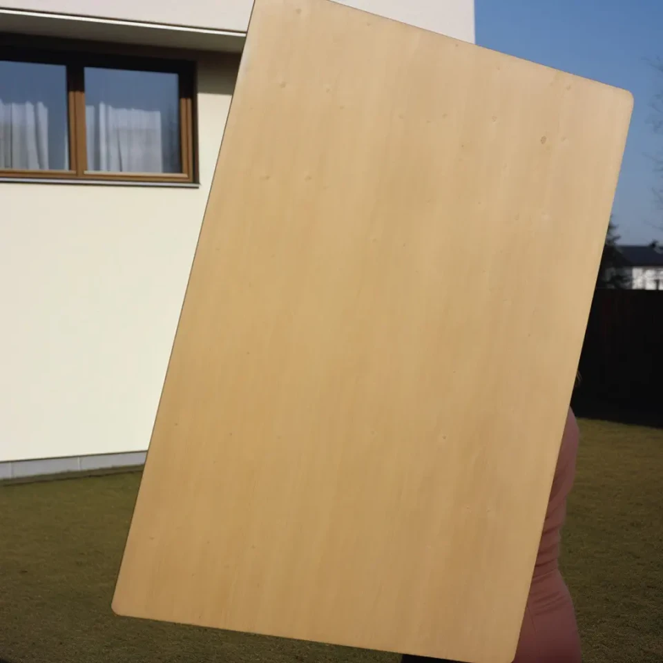 Großes rechteckiges Holzpanel lehnt an der Seite eines modernen Wohngebäudes mit weißer Fassade und Holzfensterrahmen. Das beige-gelbe Panel steht auf einer grünen Wiese vor klarem Himmel.
