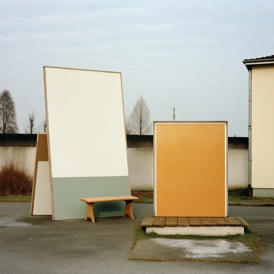 Zwei großformatige farbige Paneele stehen auf einem grauen Betonplatz vor einer Industrieanlage – ein cremefarbenes Panel mit grauem Streifen und eine orangefarbene Rechtecktafel. Eine kleine orangefarbene Bank sitzt vor dem linken Panel.