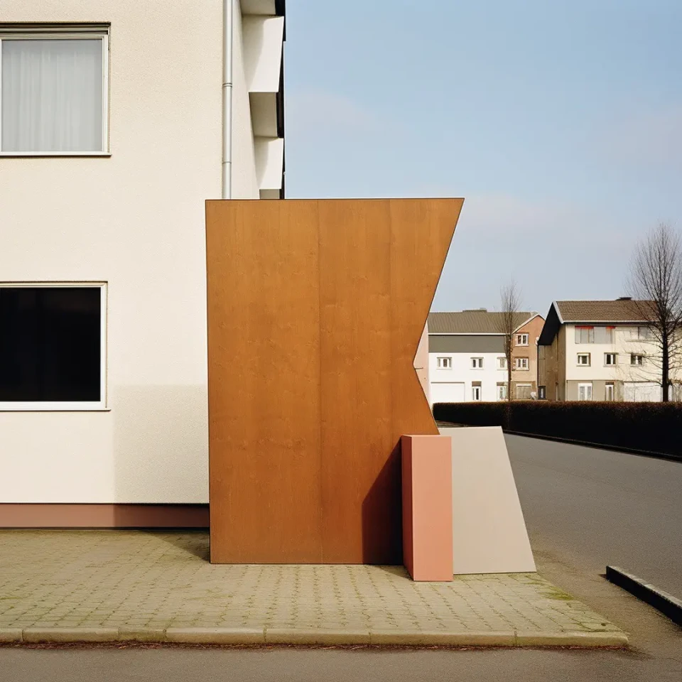 Ein großes, rostbraunes Metallkunstwerk mit kantigem, abstraktem Design steht auf einem gepflasterten Platz vor einem modernen Wohngebäude. Im Hintergrund sind weitere Wohnhäuser und ein klarer Himmel sichtbar.