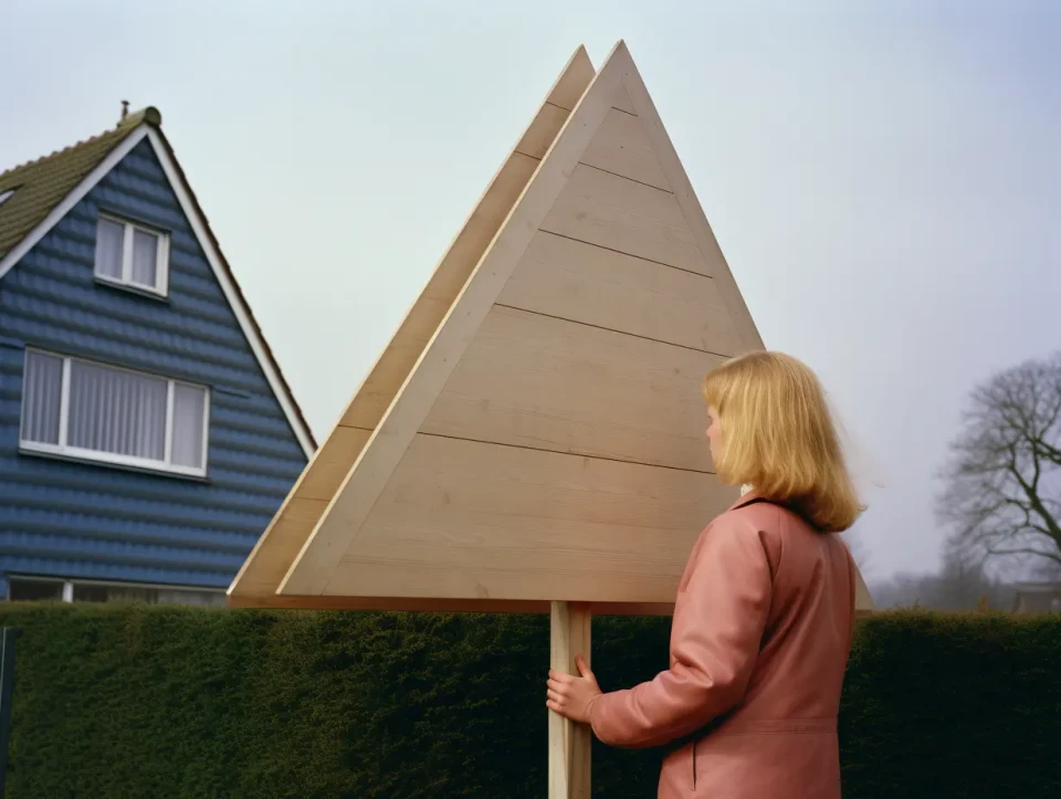 Eine Frau in rosa Jacke steht neben einem großen dreieckigen Holzmodell vor einem blauen Haus mit Satteldach. Das Modell scheint ein architektonisches Konzept oder Entwurf zu demonstrieren.
