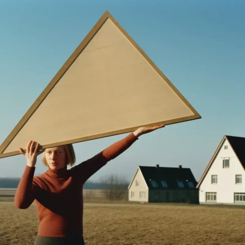 Eine Frau in rotem Pullover hält eine große beige Stoffform in Dreiecksform vor sich, während sie in einer flachen Landschaft mit weißen Häusern im Hintergrund steht.