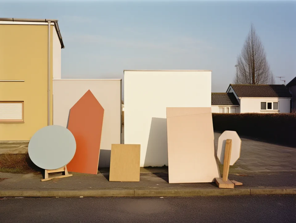 Abstrakte geometrische Formen aus Holz und Metall sind auf einem dunklen Asphaltplatz arrangiert, darunter ein grauer Kreis, eine rote Spitze, weiße Rechtecke und beige Blöcke. Im Hintergrund sind Wohnhäuser und kahle Bäume vor grauem Himmel zu sehen.