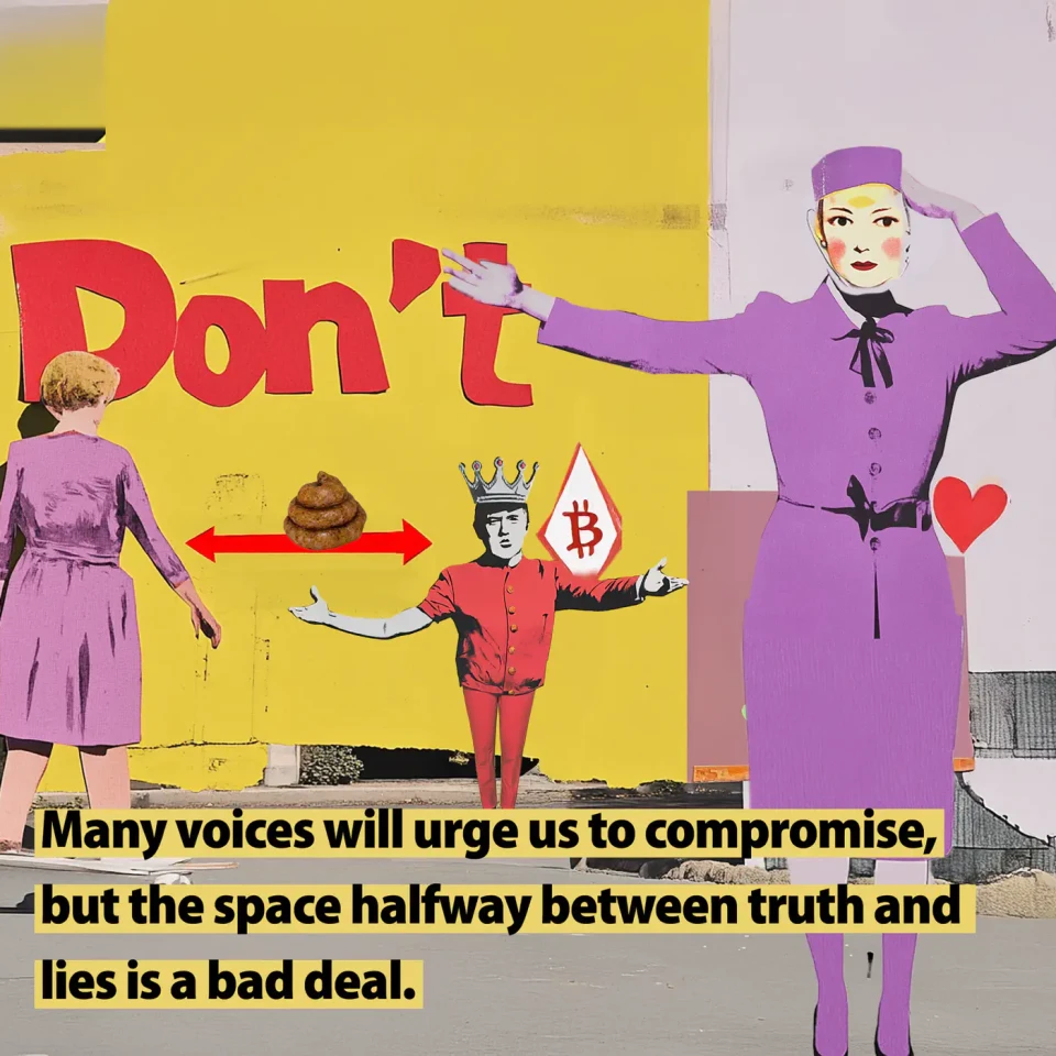 Eine Collage aus Vintage-Fotografien und Illustrationen auf gelbem Hintergrund mit dem roten Text "Don't" zeigt verschiedene Personen in lila Kleidung. Darunter steht der Text "Many voices will urge us to compromise, but the space halfway between truth and lies is a bad deal." Das Bild warnt vor falschen Kompromissen zwischen Wahrheit und Falschheit.