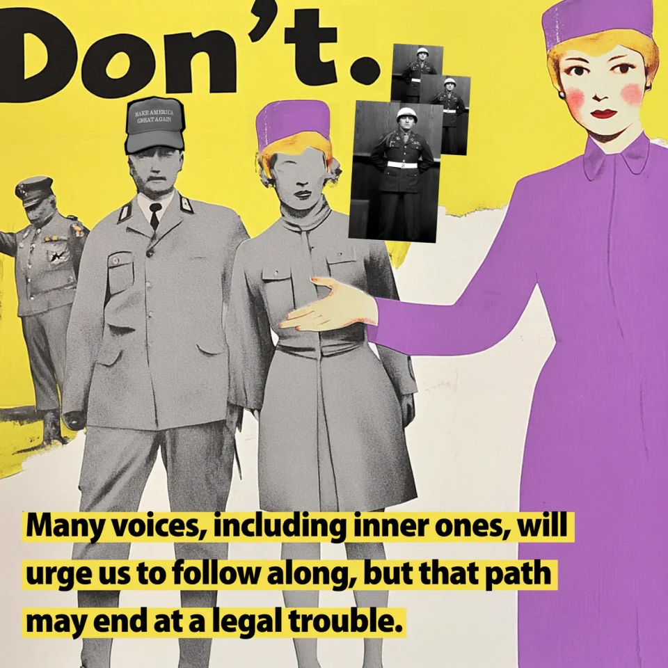 Vintage Propaganda-Plakat im Stil der 1950er Jahre mit einer Frau in violettem Outfit, die auf Militärpersonen zeigt, begleitet von schwarzen Silhouetten im Hintergrund. Der Text warnt davor, inneren Stimmen zu folgen, die zu rechtlichen Problemen führen könnten.