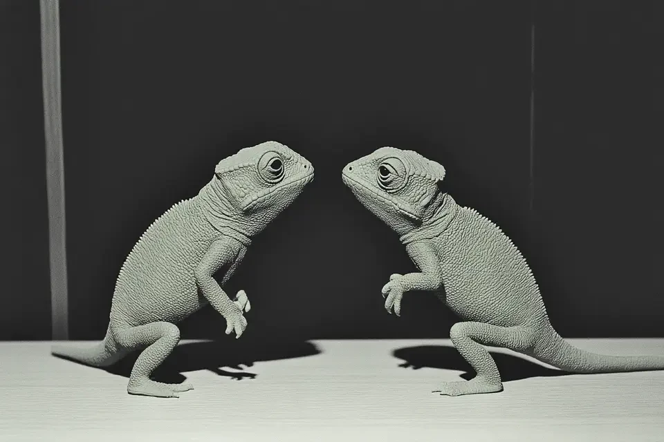 Zwei identische hellgraue Leguane sitzen sich auf einer weißen Fläche vor dunklem Hintergrund gegenüber und blicken sich an. Die Reptilien haben charakteristische Kopfstrukturen, Augen und schuppige Haut und wirken wie perfekte Spiegelbilder voneinander.
