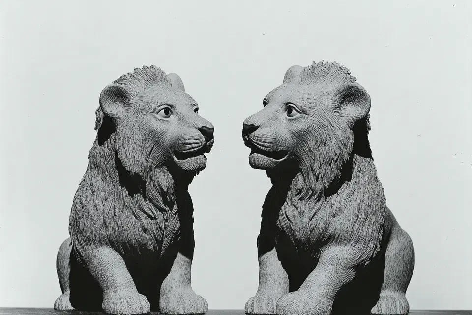 Zwei identische Löwenskulpturen sitzen sich gegenüber vor neutralem Hintergrund. Beide Figuren haben markante Mähnen und blicken sich in die Augen. Die schwarz-weiße Fotografie zeigt eine symmetrische Komposition.
