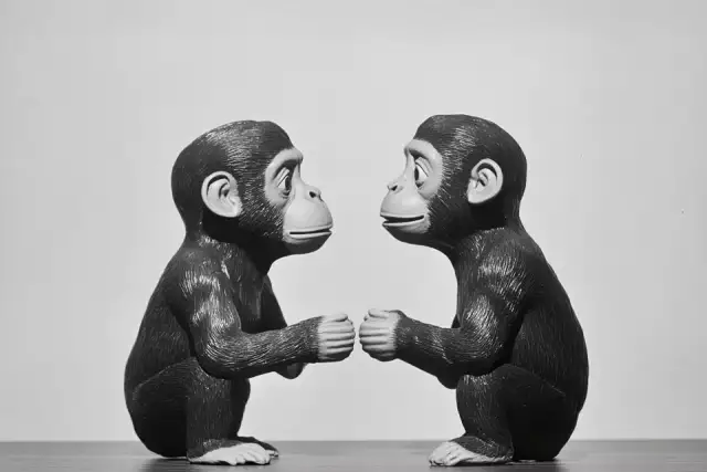 Two toy plastic monkeys with entire body positioned symmetrically face to face