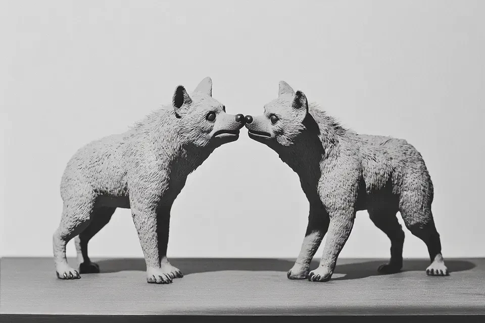 Zwei identische weiße Wölfe stehen sich auf grauem Untergrund gegenüber und berühren sich mit ihren Schnauzen. Das schwarz-weiße Kunstfoto symbolisiert Dualität und Spiegelung. Die symmetrische Komposition wird vor neutralem Hintergrund präsentiert.