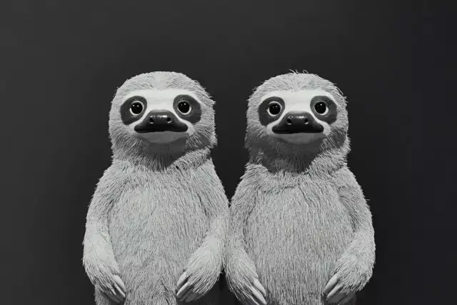 Two toy plastic animals with entire body positioned symmetrically face to face