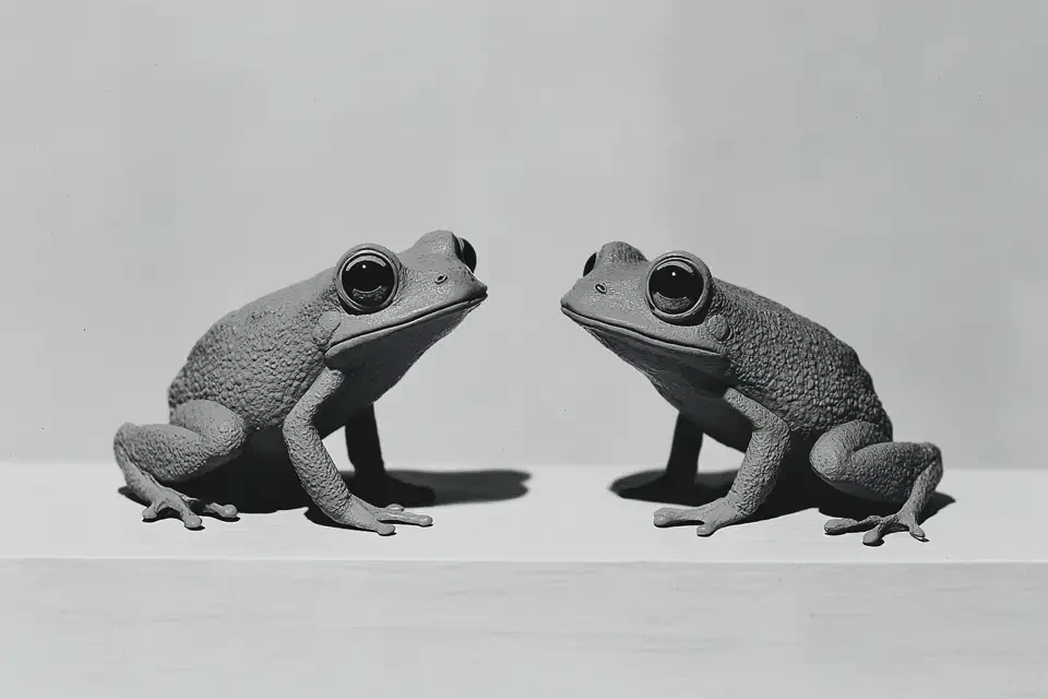 Zwei identische Frösche sitzen sich in Schwarz-Weiß-Fotografie gegenüber und schauen sich an, als würden sie sich spiegeln.