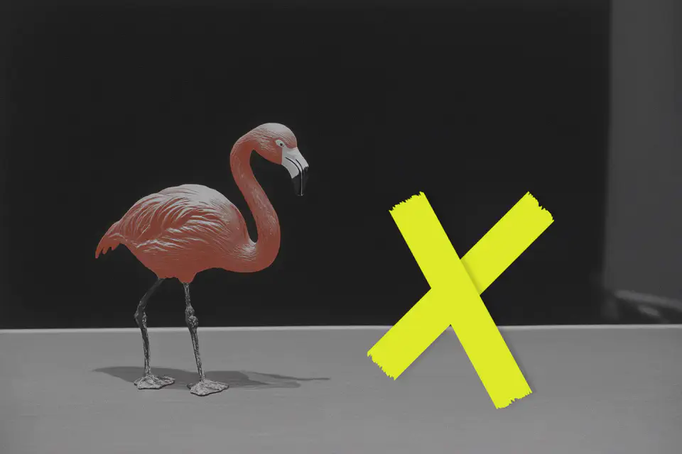 Ein rosa Flamingo steht links neben einem großen gelben X-Symbol auf grauem Untergrund vor schwarzem Hintergrund.