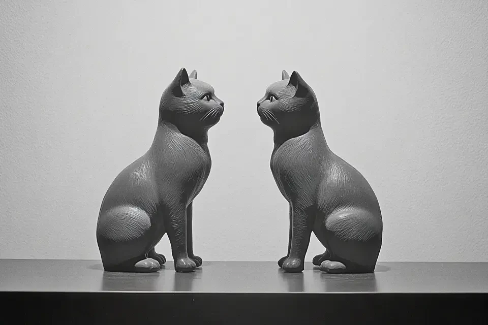 Zwei identische graue Katzenskulpturen sitzen sich gegenüber auf einer ebenen Fläche vor hellem Hintergrund. Die Figuren sind spiegelbildlich angeordnet und blicken sich gegenseitig an. Die minimalistische Darstellung unterstreicht das Konzept der Doppelgänger.