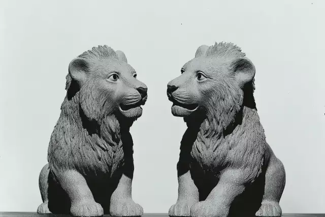 Two toy plastic lions with entire body positioned symmetrically face to face