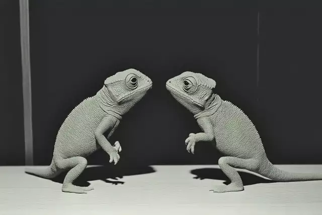 Two toy plastic chamäleons with entire body positioned symmetrically face to face