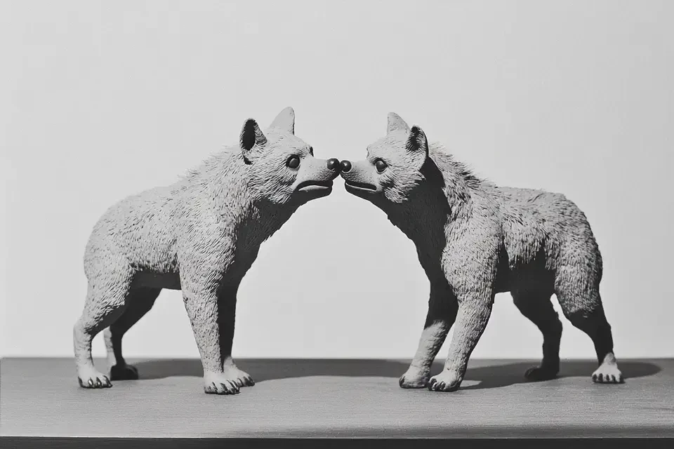 Zwei identische weiße Wölfe stehen sich auf grauem Untergrund gegenüber und berühren sich mit ihren Schnauzen. Das schwarz-weiße Kunstfoto symbolisiert Dualität und Spiegelung. Die symmetrische Komposition wird vor neutralem Hintergrund präsentiert.