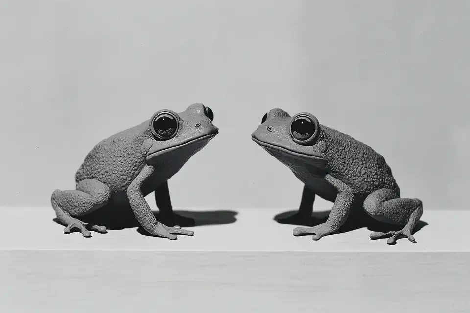 Zwei identische Frösche sitzen sich in Schwarz-Weiß-Fotografie gegenüber und schauen sich an, als würden sie sich spiegeln.