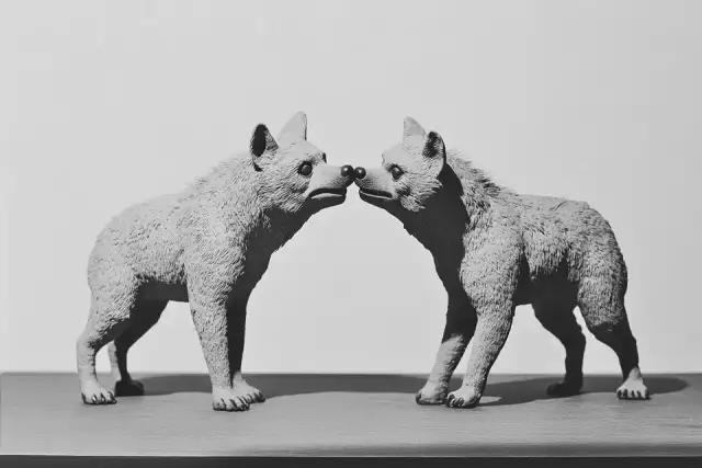 Two toy plastic dogs with entire body positioned symmetrically face to face