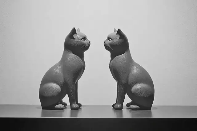 Two toy plastic cats with entire body positioned symmetrically face to face