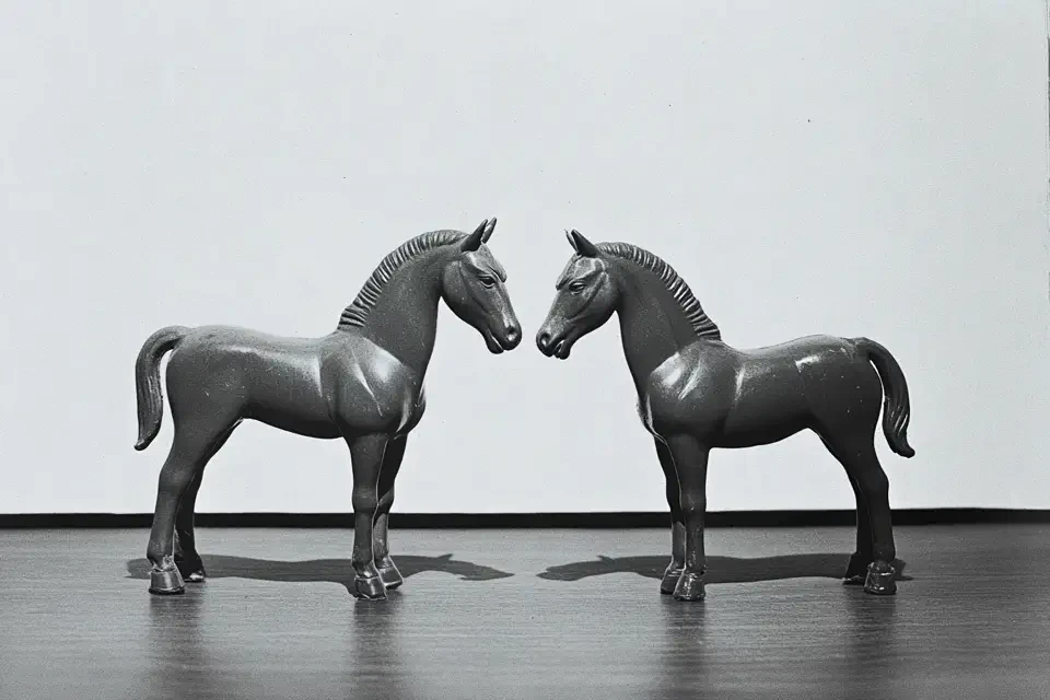 Zwei identische schwarze Pferdeskulpturen stehen sich auf glänzendem dunklem Boden gegenüber und blicken sich an. Die bronzeartigen Figuren sind seitenverkehrt positioniert und werfen Schatten auf den Untergrund. Der minimalistische weiße Hintergrund betont die Symmetrie und Dualität der Darstellung.