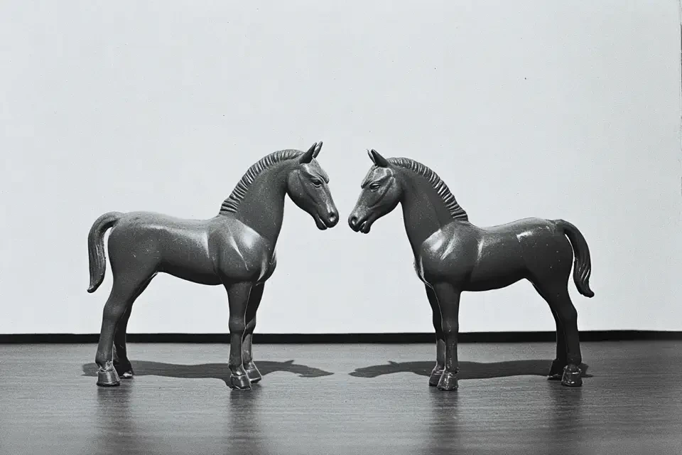Zwei identische schwarze Pferdeskulpturen stehen sich auf glänzendem dunklem Boden gegenüber und blicken sich an. Die bronzeartigen Figuren sind seitenverkehrt positioniert und werfen Schatten auf den Untergrund. Der minimalistische weiße Hintergrund betont die Symmetrie und Dualität der Darstellung.