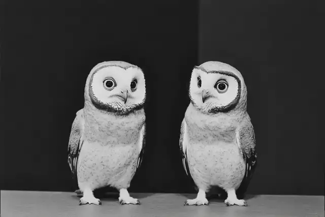 Two toy plastic owls with entire body positioned symmetrically face to face