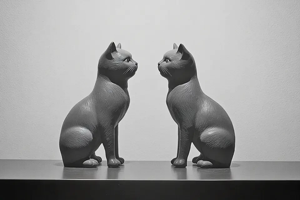 Zwei identische graue Katzenskulpturen sitzen sich gegenüber auf einer ebenen Fläche vor hellem Hintergrund. Die Figuren sind spiegelbildlich angeordnet und blicken sich gegenseitig an. Die minimalistische Darstellung unterstreicht das Konzept der Doppelgänger.