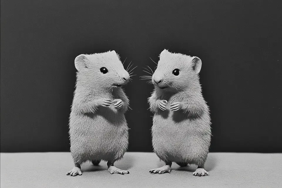 Zwei weiße Hamster stehen sich auf ihren Hinterbeinen gegenüber und schauen sich an, vor einem dunklen Hintergrund und einer weißen Oberfläche.