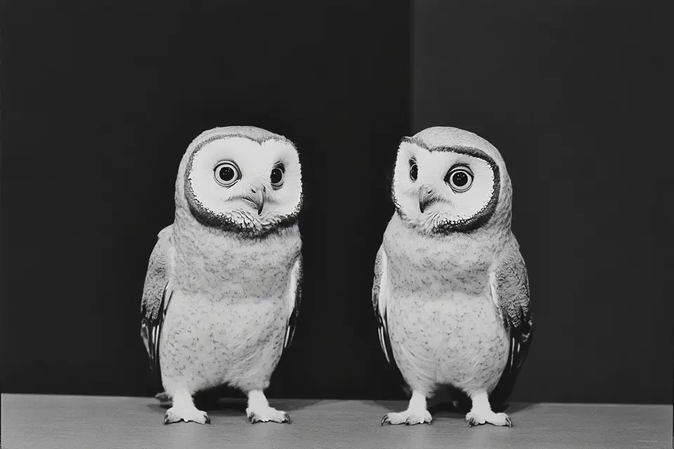 Zwei identische weiße Eulen stehen sich gegenüber auf grauem Untergrund vor schwarzem Hintergrund. Beide Vögel blicken direkt in die Kamera mit großen, runden Augen und wirken wie Spiegelbilder voneinander.