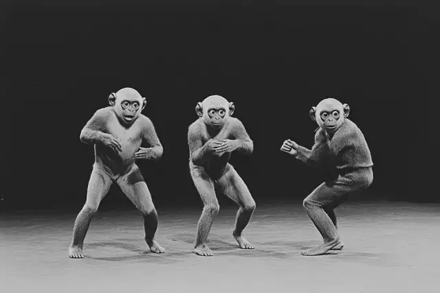 Three toy plastic monkeys with entire body positioned symmetrically face to face